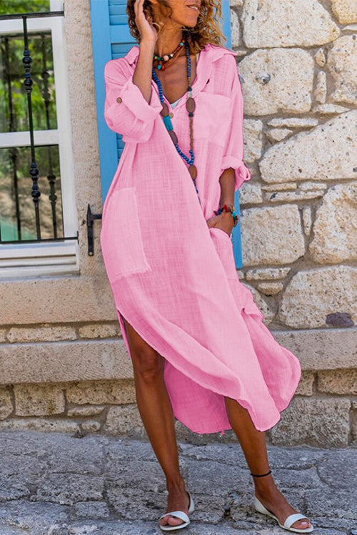 Buttons Side Split Cotton Linen Shirt Dress with Pockets Pink