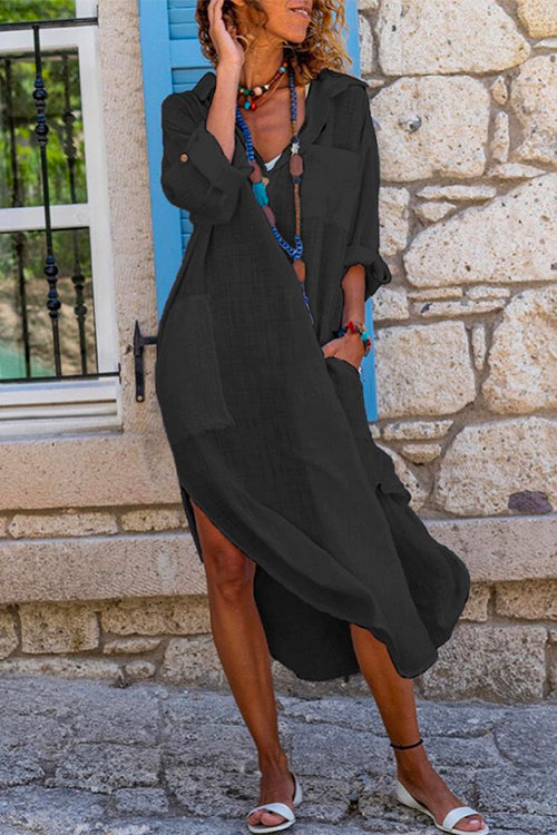 Buttons Side Split Cotton Linen Shirt Dress with Pockets Black