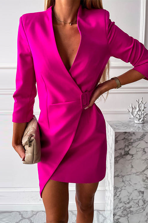 Rosiedress Solid Wrap V Neck High Waist Blazer Dress HotPink