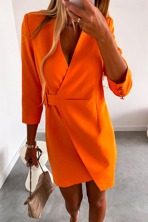 Rosiedress Solid Wrap V Neck High Waist Blazer Dress Orange