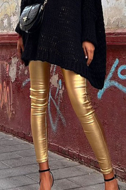 Rosiedress Solid Slim Fit Faux Leather Leggings Pants