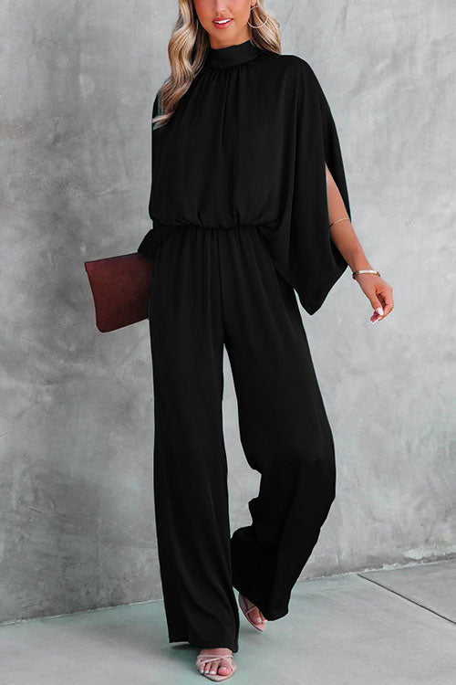 Rosiedress Stand Collar Slit Sleeve Waisted Wide Leg Jumpsuits( in 5 Colors) Black