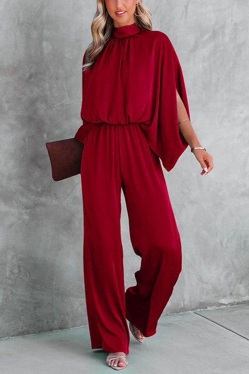 Rosiedress Stand Collar Slit Sleeve Waisted Wide Leg Jumpsuits( in 5 Colors) Burgundy