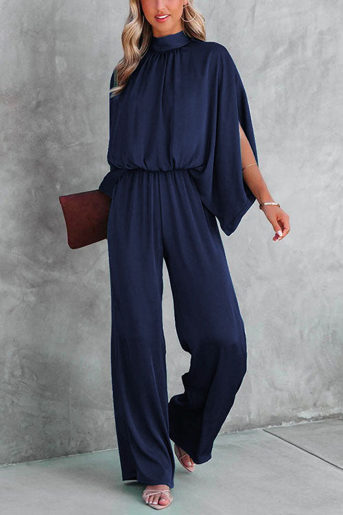 Rosiedress Stand Collar Slit Sleeve Waisted Wide Leg Jumpsuits( in 5 Colors) DarkBlue