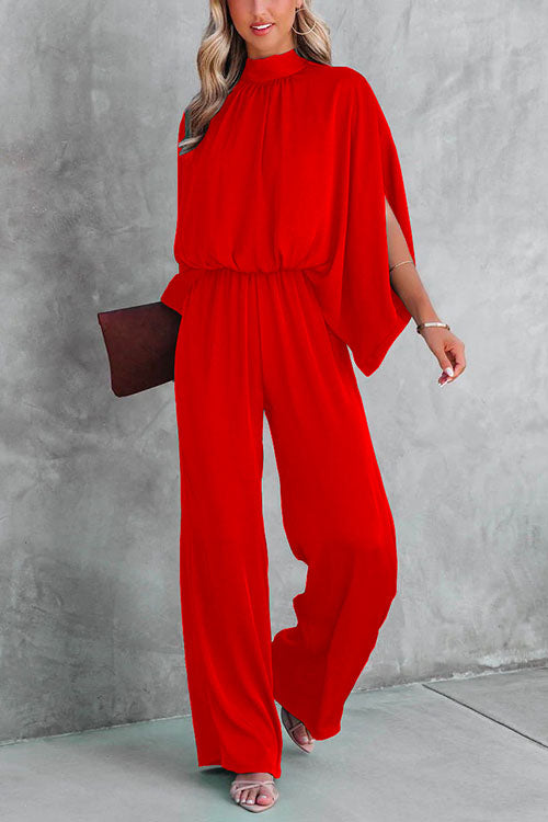 Rosiedress Stand Collar Slit Sleeve Waisted Wide Leg Jumpsuits( in 5 Colors) Red