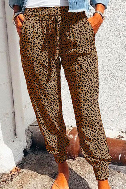 Casual Tie Waist Leopard Joggers Pants with Pockets Brown