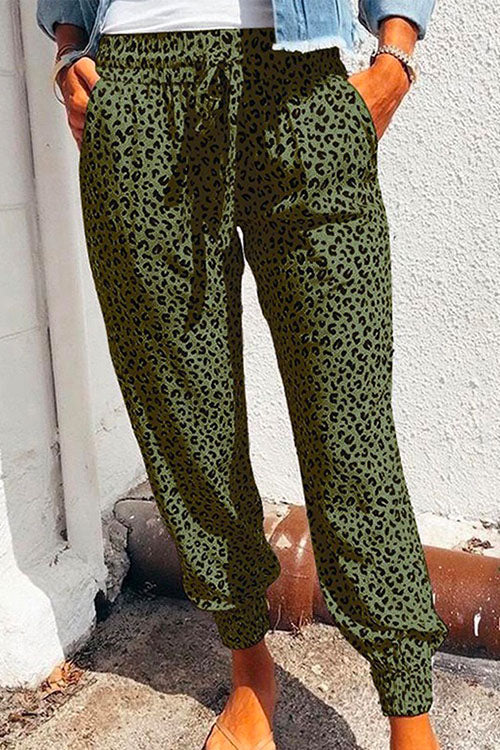 Casual Tie Waist Leopard Joggers Pants with Pockets Green