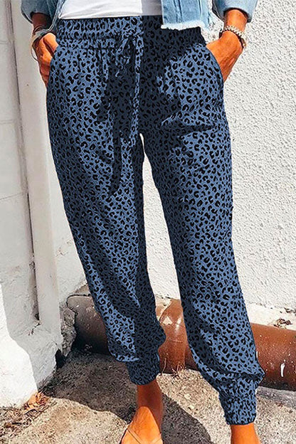 Casual Tie Waist Leopard Joggers Pants with Pockets Blue