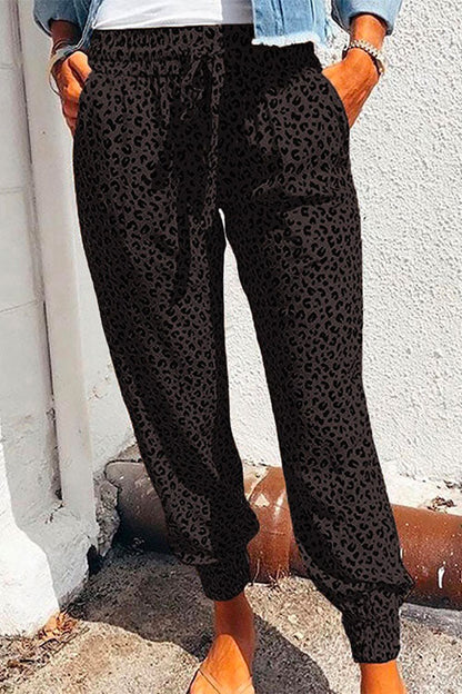 Casual Tie Waist Leopard Joggers Pants with Pockets Black