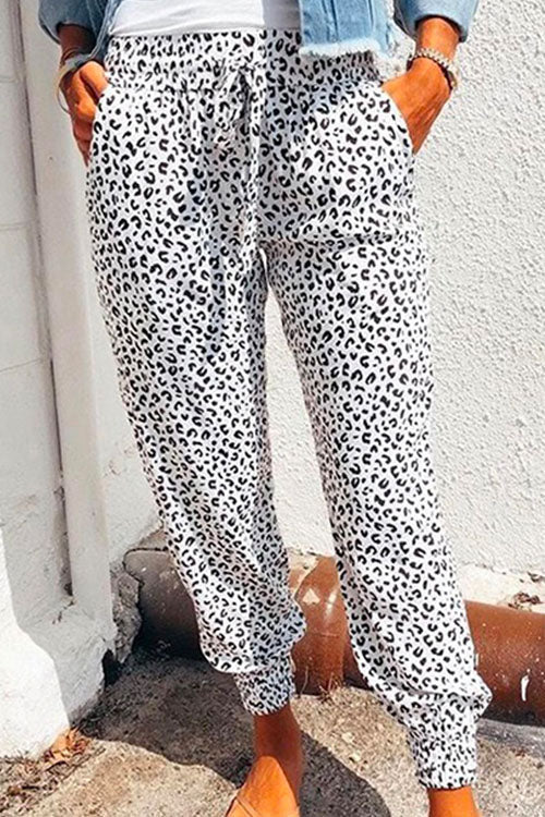 Casual Tie Waist Leopard Joggers Pants with Pockets White