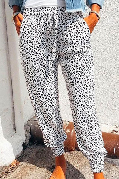 Casual Tie Waist Leopard Joggers Pants with Pockets White