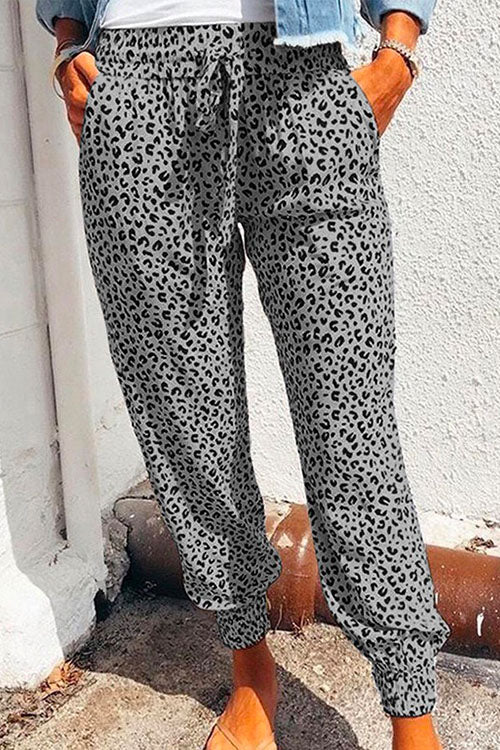 Casual Tie Waist Leopard Joggers Pants with Pockets Gray