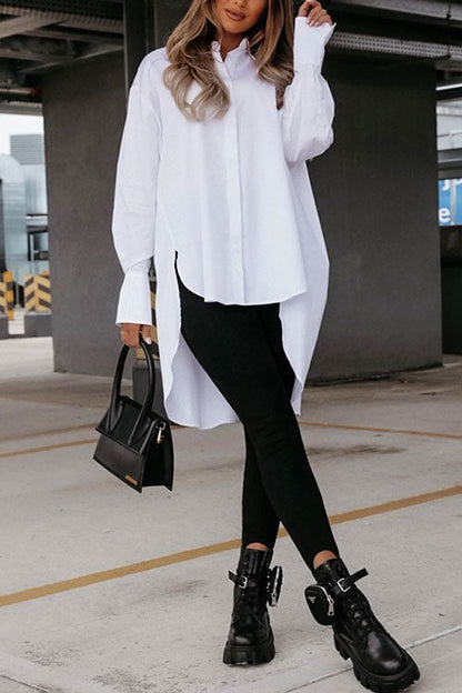 Rosiedress Lapel High Low Hem Button Down Shirt White