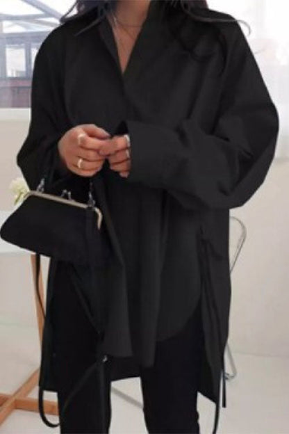 Irregular Lapel Button Down Long Sleeve Shirt Black