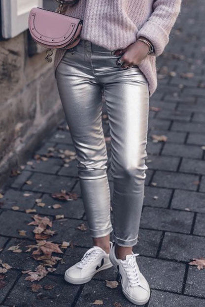 Rosiedress Fashion Style Faux Leather Pants with Pockets Silver