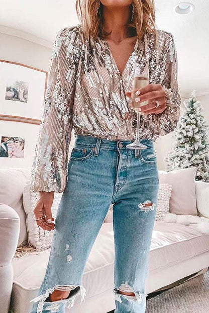 Rosiedress Stylish V Neck Long Sleeve Sequin Splice Top