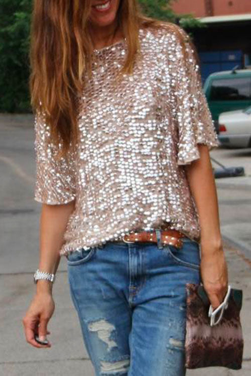 Rosiedress Crewneck Half Sleeve Sequin T Shirt