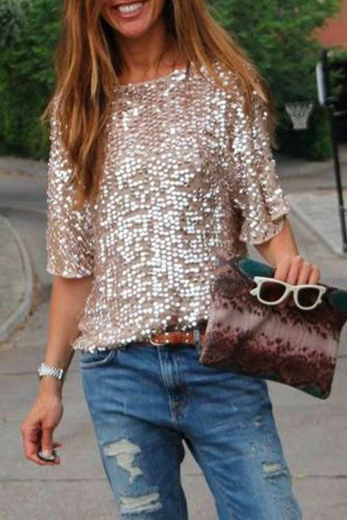 Rosiedress Crewneck Half Sleeve Sequin T Shirt