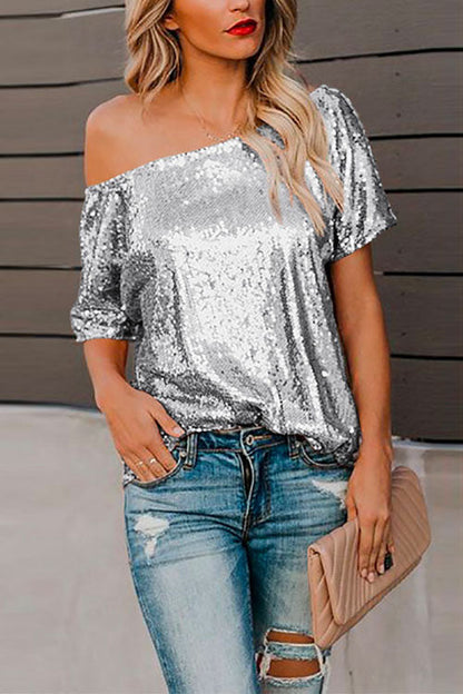 Off Shoulder Short Sleeve Sequin T-shirt Silver