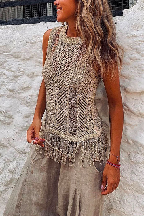 Tassel Crewneck Sleeveless Hollow Out Cover Up Khaki