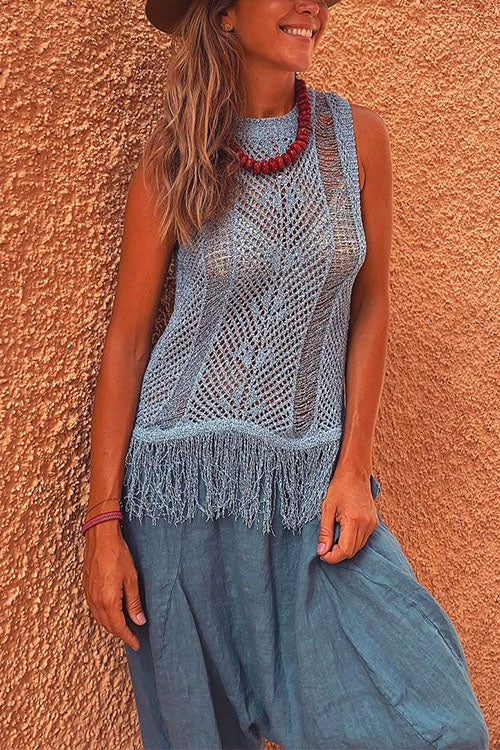 Rosiedress Tassel Crewneck Sleeveless Hollow Out Cover Up LightBlue