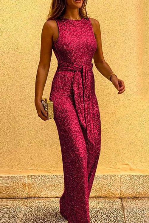 Crewneck Sleeveless Tie Waist Sequin Jumpsuit Burgundy