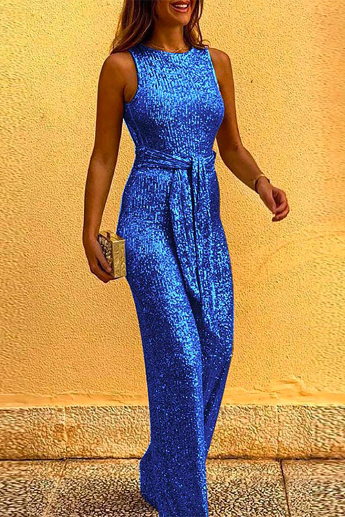 Rosiedress Crewneck Sleeveless Tie Waist Sequin Jumpsuit