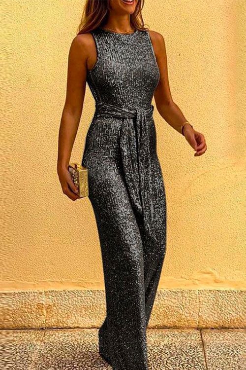 Crewneck Sleeveless Tie Waist Sequin Jumpsuit Black