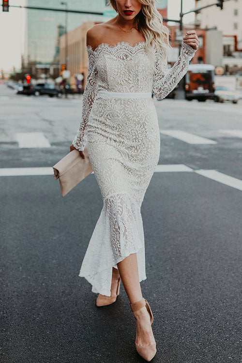 Rosiedress Off Shoulder Long Sleeve Floral Lace Bodycon Dress White