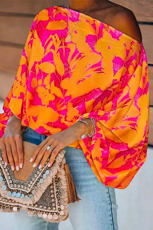 Rosiedress Stylish Off Shoulder Flare Sleeve Printed Top Orange