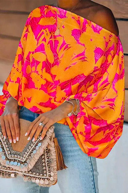 Stylish Off Shoulder Flare Sleeve Printed Top Orange