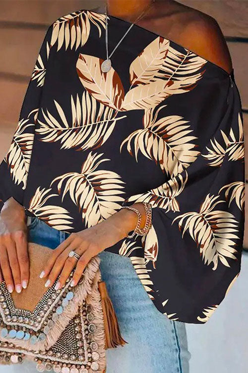Stylish Off Shoulder Flare Sleeve Printed Top Black