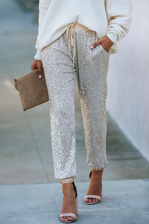 Tie Waist Sequin Joggers Pants with Pockets Silver