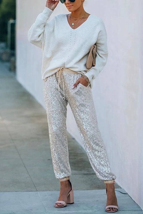 Tie Waist Sequin Joggers Pants with Pockets