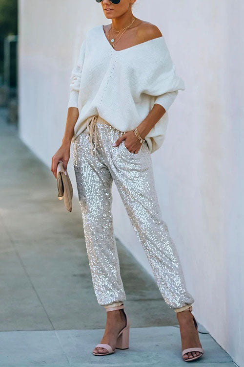 Tie Waist Sequin Joggers Pants with Pockets