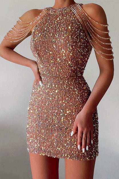 Halter Sleeveless Waisted Sequin Bodycon Dress Pink