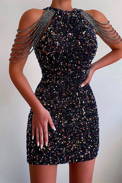 Halter Sleeveless Waisted Sequin Bodycon Dress Black