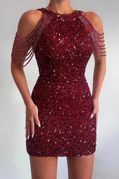Halter Sleeveless Waisted Sequin Bodycon Dress Burgundy