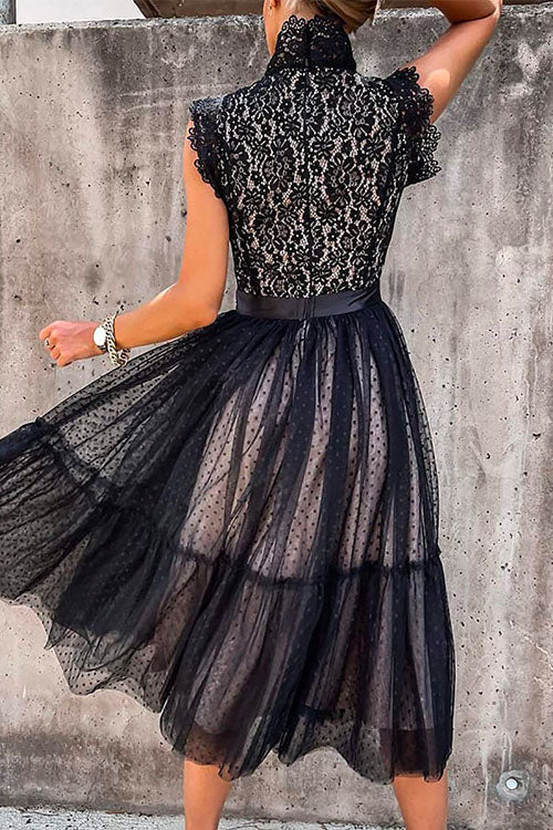 Rosiedress Fashion Style Mockneck Sleeveless Lace Swing Dress