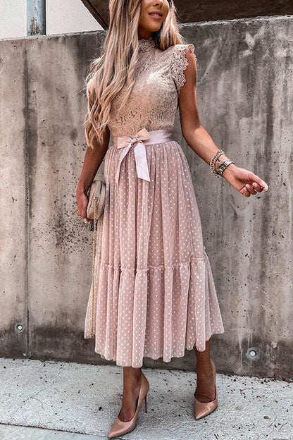 Rosiedress Fashion Style Mockneck Sleeveless Lace Swing Dress