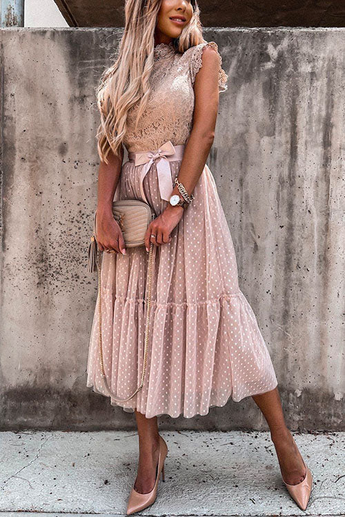 Rosiedress Fashion Style Mockneck Sleeveless Lace Swing Dress