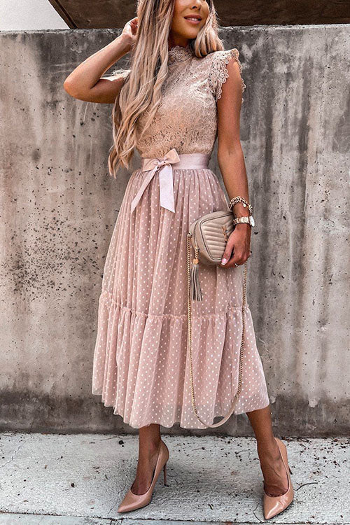 Rosiedress Fashion Style Mockneck Sleeveless Lace Swing Dress