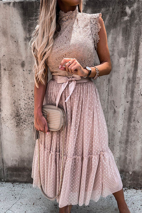 Rosiedress Fashion Style Mockneck Sleeveless Lace Swing Dress