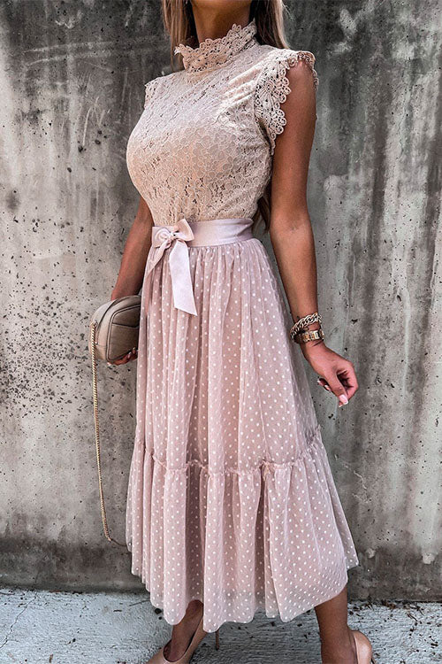 Rosiedress Fashion Style Mockneck Sleeveless Lace Swing Dress