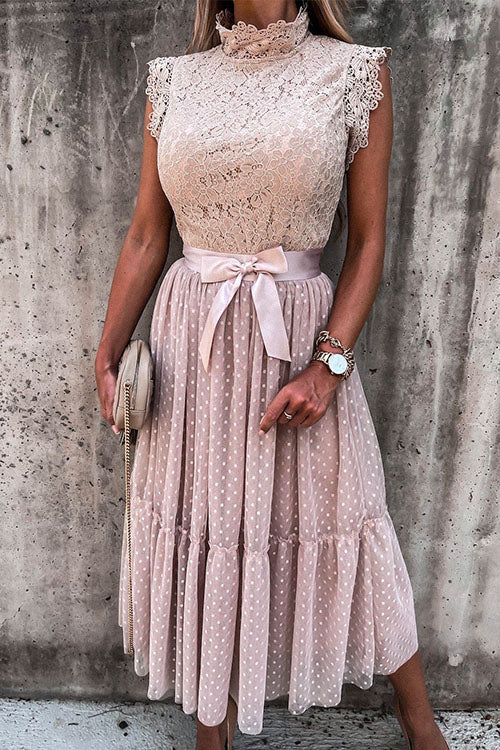 Rosiedress Fashion Style Mockneck Sleeveless Lace Swing Dress