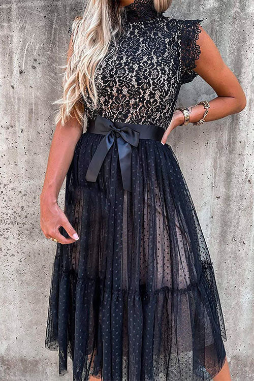 Rosiedress Fashion Style Mockneck Sleeveless Lace Swing Dress Black