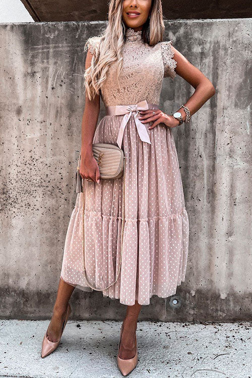 Rosiedress Fashion Style Mockneck Sleeveless Lace Swing Dress