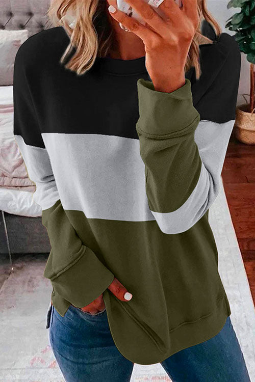 Crewneck Long Sleeve Color Block Sweatshirt Green
