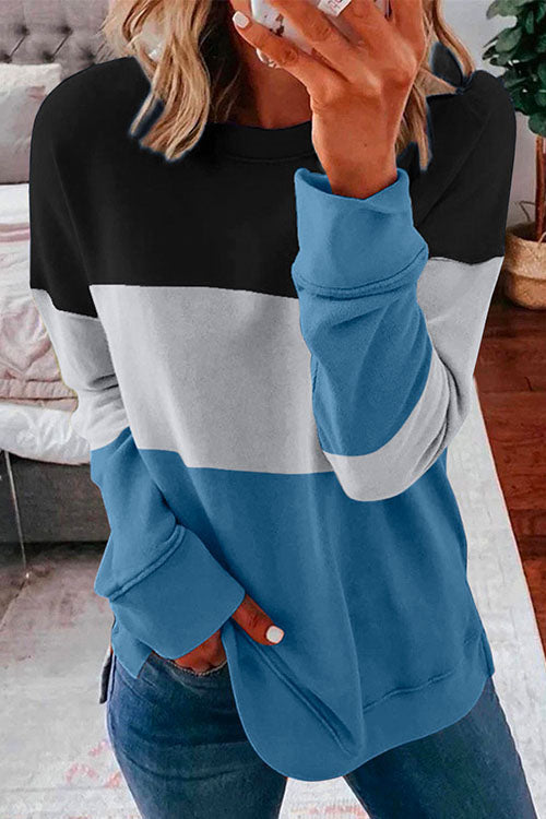 Rosiedress Crewneck Long Sleeve Color Block Sweatshirt Blue