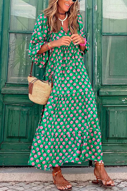 Rosiedress Puff Sleeve Geometry Printed Swing Dress Green